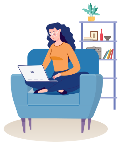 Illustrated image of a woman sitting on a chair looking at her computer