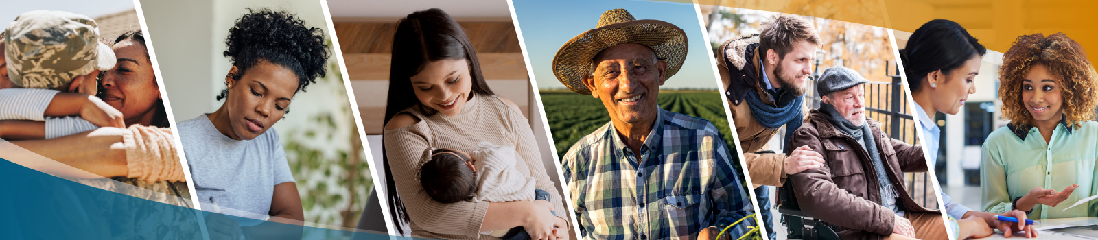 A photo montage of various people: a military family, a woman writing, a mother and her baby, a farmworker, a man pushing his elderly father in a wheelchair, and two women talking.