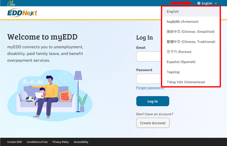 Image of the myEDD webpage pointing out the eight languages now available in the drop-down menu at the top right of the page. 