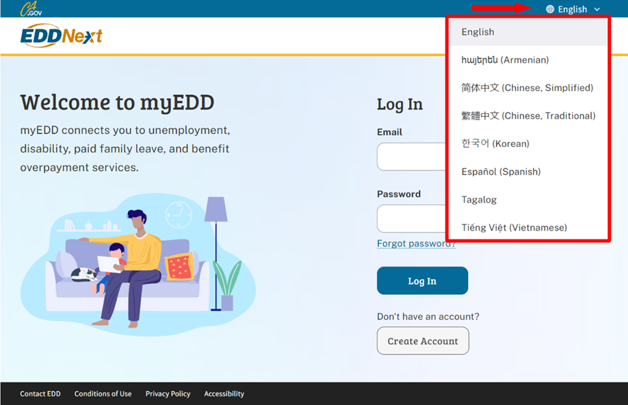Image of the myEDD webpage pointing out the eight languages now available in the drop-down menu at the top right of the page.