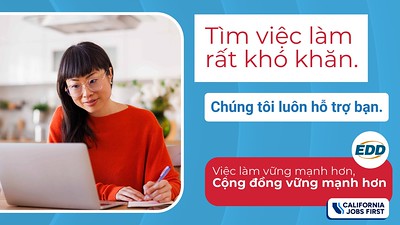 A person working on a laptop. Text on the image reads: “Job hunting is tough. We’ve got your back.” The EDD logo and tagline “Stronger Jobs, Stronger Communities” appear at the bottom along with the California Jobs First logo.