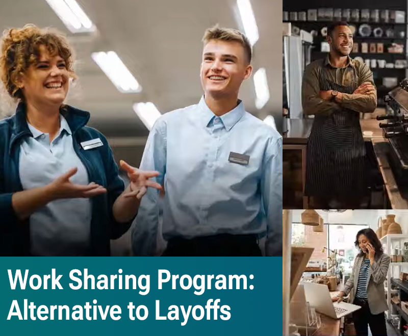 Image of people smiling in a work environment with the text, "Work Sharing Program: Alternate to Layoff"