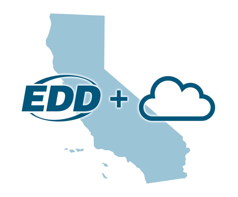 Blue cloud icon and EDD logo set on top of a blue icon of California