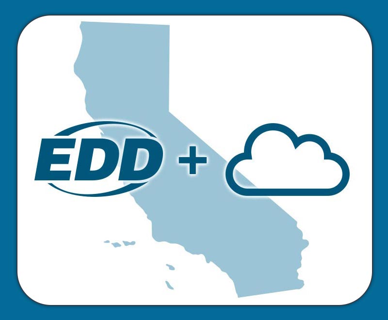 Blue cloud icon and EDD logo set on top of a blue icon of California