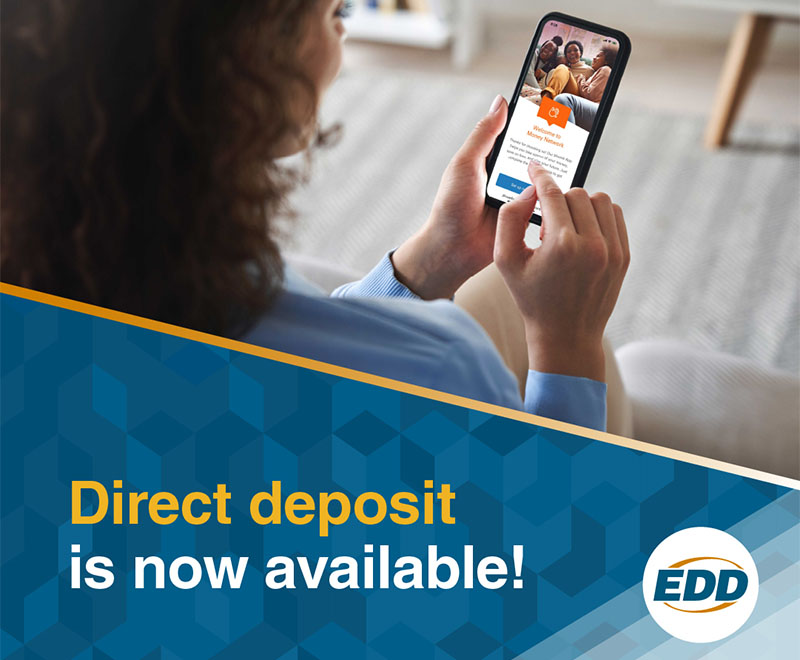 Woman tapping her phone and text about direct deposit on a blue background