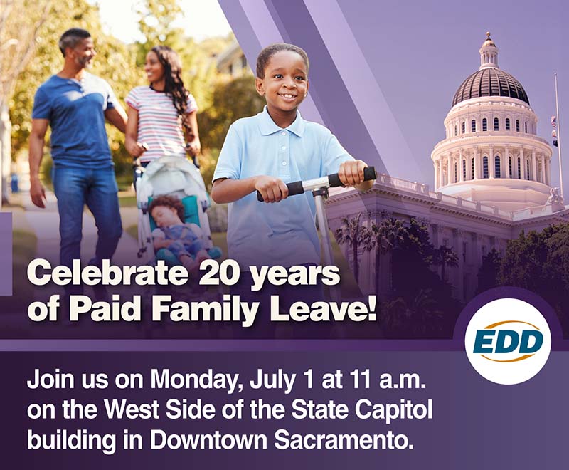 Young family, young boy on scooter, and capitol building with text about PFL