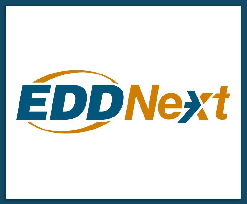 Blue and white EDDNext logo over the shape of California