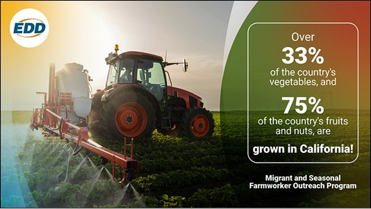 A tractor spraying crops in a large green field. Text reads: “Over 33% of the country’s vegetables, and 75% of the country’s fruits and nuts, are grown in California!”