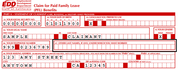 Sample of Question A7 of form DE2501