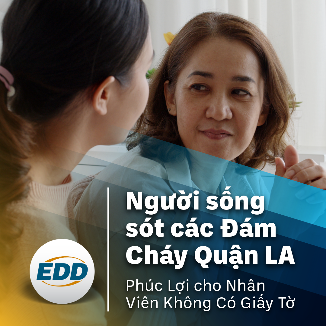 Hai người đang ngồi nói chuyện trong nhà, có dòng chữ: 'Nạn nhân của các Đám Cháy Quận LA, Phúc Lợi cho Nhân Viên Không Có Giấy Tờ.