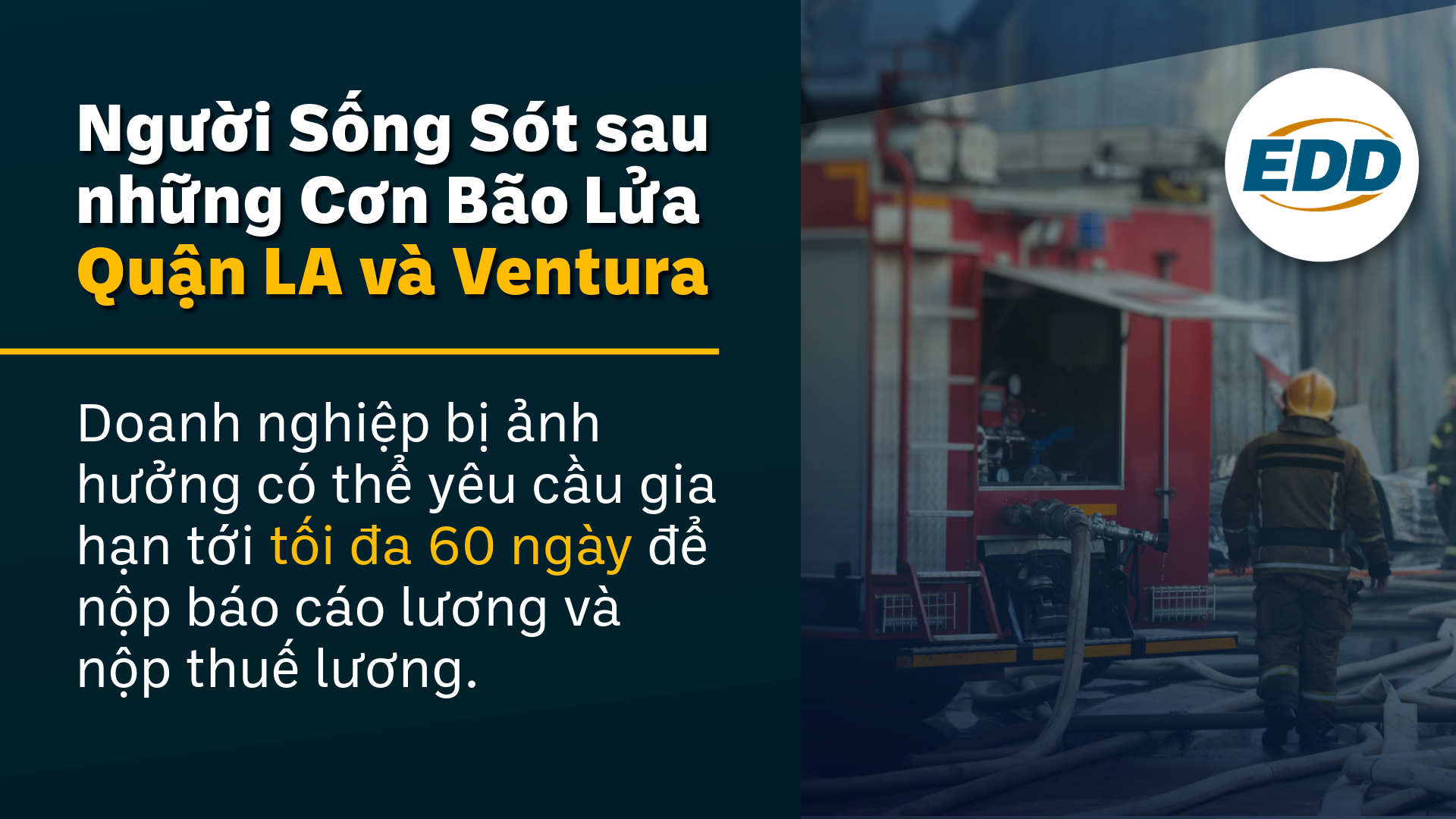 Người sống sót sau những cơn bão lửa ở Quận LA và Ventura: Doanh nghiệp có thể yêu cầu gia hạn 60 ngày để nộp báo cáo lương và khai thuế. Biểu tượng EDD với hình nền là những người lính cứu hỏa.