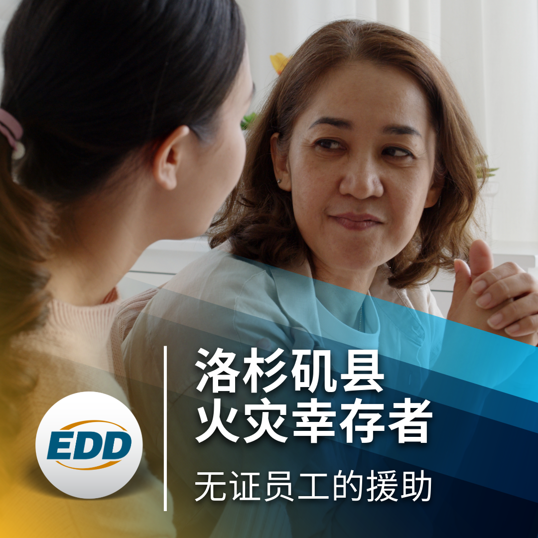 两个人坐在室内进行交谈,文字上写着:”洛杉矶县火灾幸存者,无证员工的援助。”