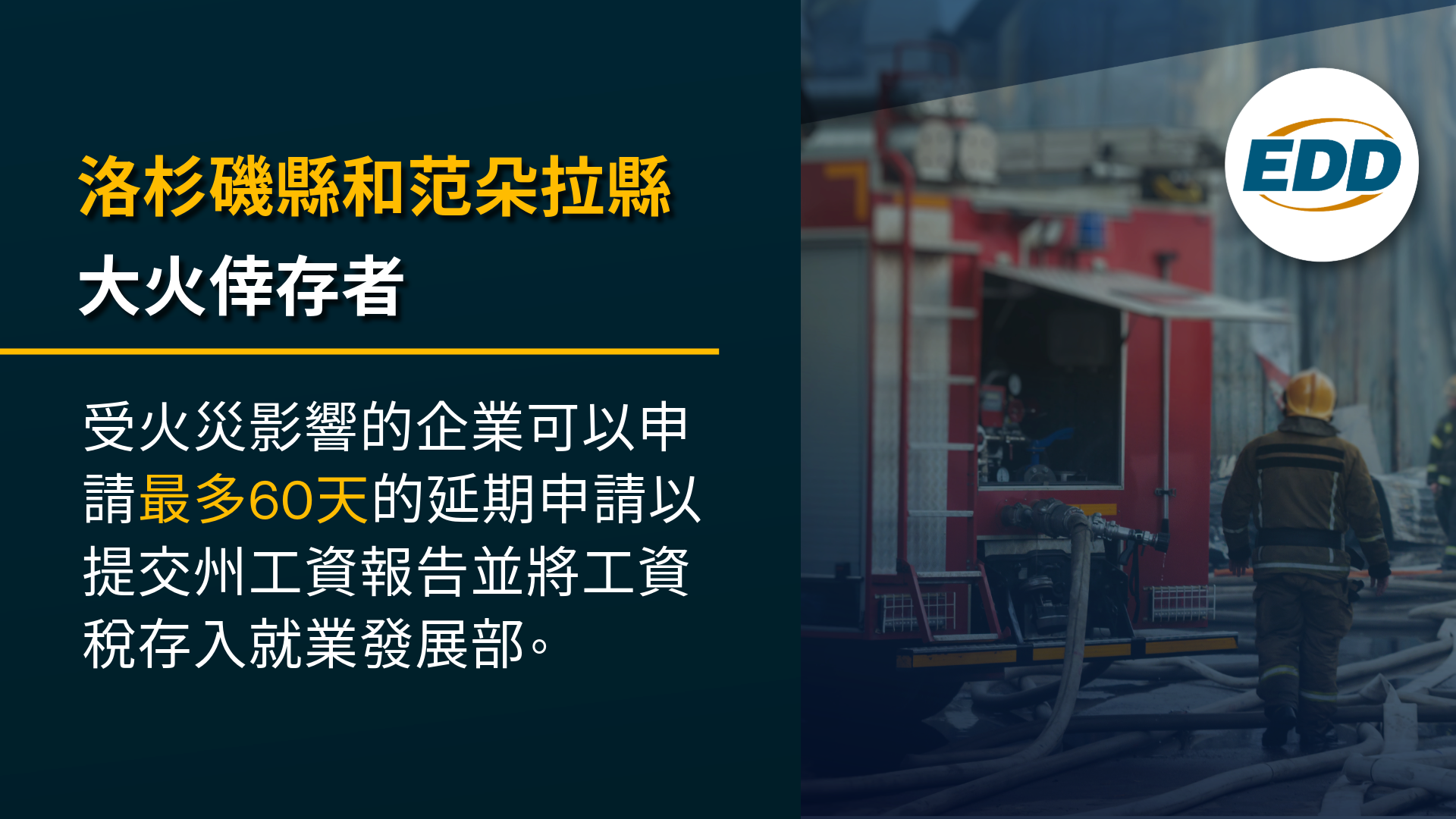洛杉磯縣和范朵拉縣大火倖存者:受火災影響的企業可以申請最多60天的延期申請以提交州工資報告和工資稅。 EDD 標誌與消防員在背景中。